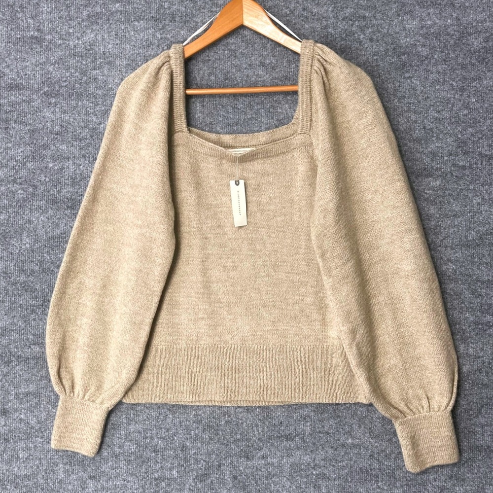 Anthropologie Beige Square Neck Puff Sleeve Knit Sweater NWT Large